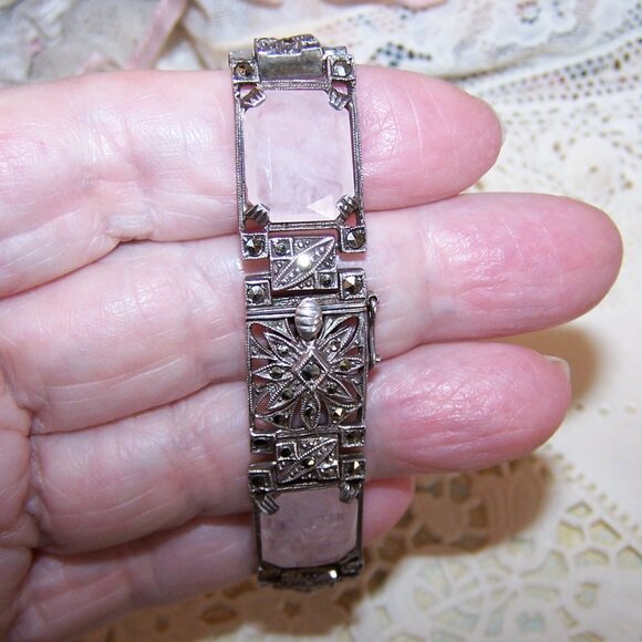 Art Deco European 935 Silver Pink Quartz Marcasite Link Bracelet - Picture 5 of 7
